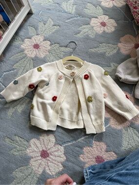 Cream Floral Knit Baby Cardigan with Appliqué Flowers